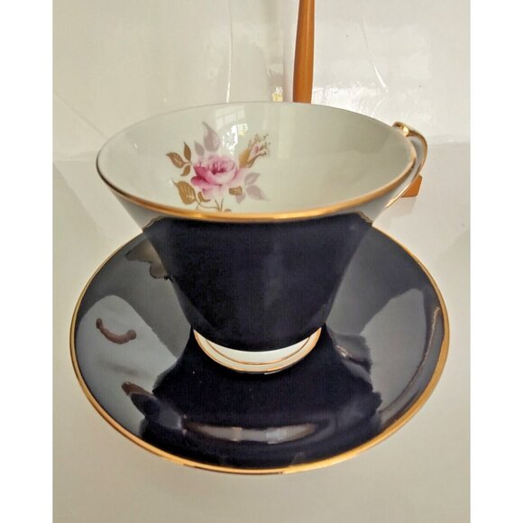 Vintage Aynsley Black Cup Set with Red Rose Flower Cup #2964 Gold Trim - Picture 8 of 11